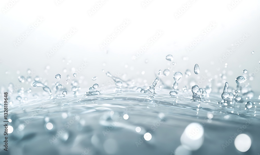 Poster water droplets splash against a serene background, creating a tranquil and refreshing atmosphere.