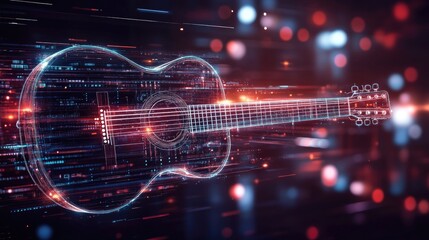 Obraz premium A glowing outline of an acoustic guitar on a futuristic digital interface, symbolizing modern music technology.