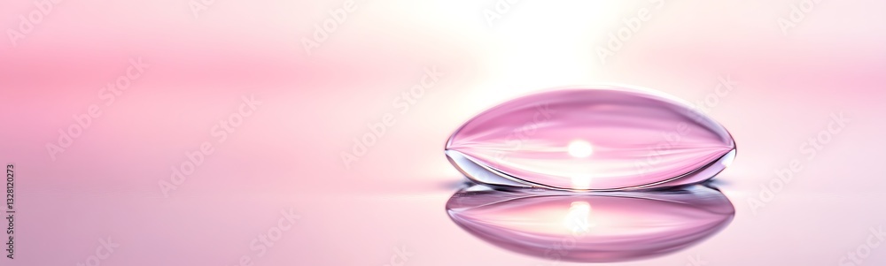 Poster a soft pink droplet rests on a reflective surface, capturing light in a serene atmosphere.