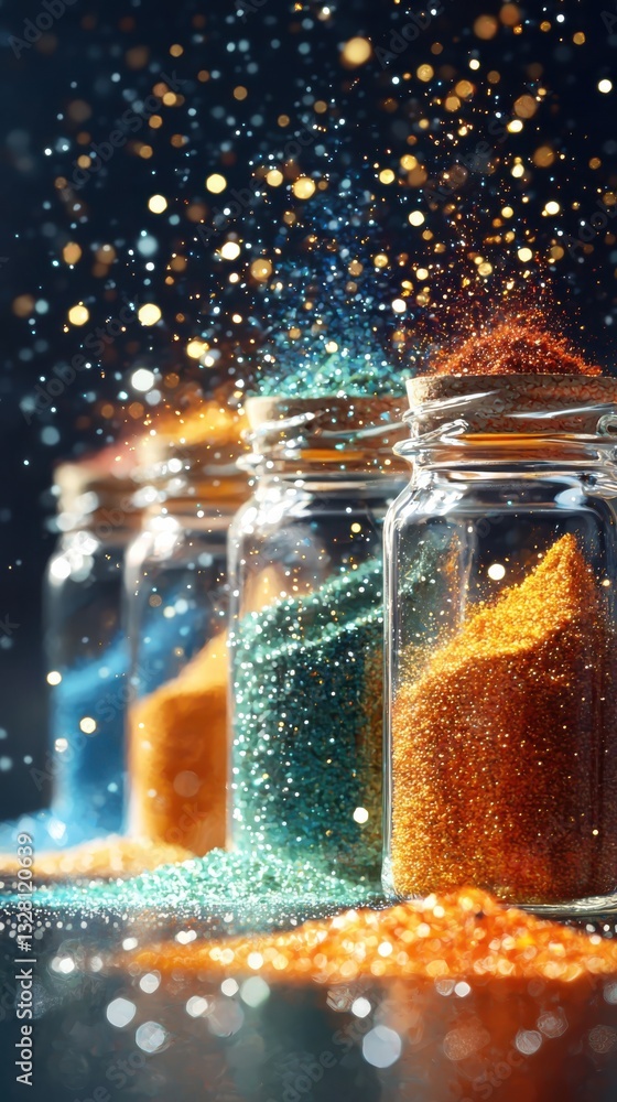 Poster Vibrant spices in jars macro view dark background illuminated diffused light culinary art
