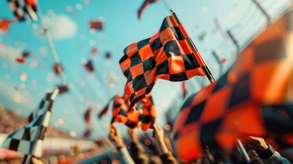 Vibrant fans wave checkered flags in celebration at a thrilling racing event. The atmosphere is filled with excitement and joy as they cheer for their favorite competitors.