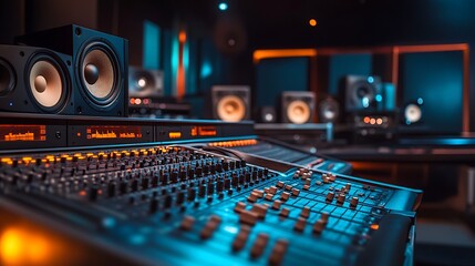 Fototapeta premium Sound Mixing Console in Dark Recording Studio with Speakers