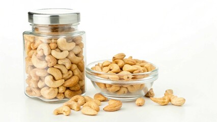 Transparent food jar with a cap, filled with rich golden cashew nuts, alongside a clear glass bowl brimming with cashews, all placed on a pristine white surface against a pure white background