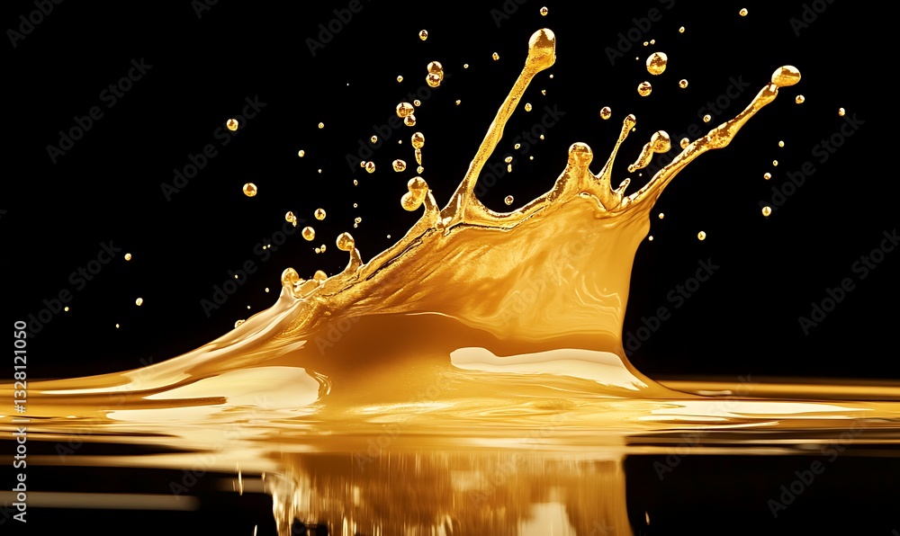 Poster golden liquid splash against a dark background, creating dynamic and artistic water droplets.