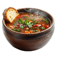 A steaming bowl of hearty vegetable soup garnished with fresh herbs, accompanied by a slice of crusty bread, perfect for a cozy meal.