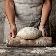 Obraz premium Baker's Hands Shaping Dough on Wooden Rolling Pin