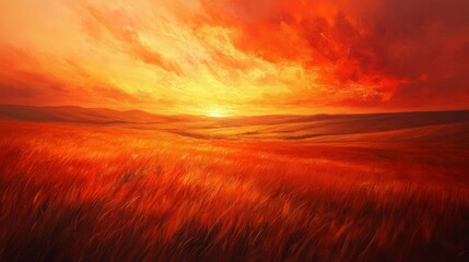 Fototapeta premium Vibrant Orange Sunset Over a Rolling Field