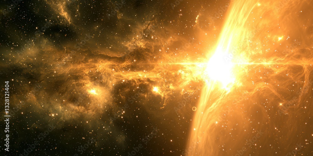 Poster a deep-space cosmic scene with a radiant golden aura and soft celestial light