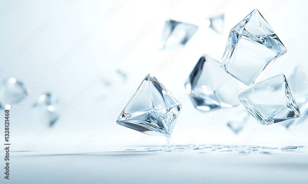 Poster floating ice cubes create a refreshing, cool ambiance against a soft blue background.