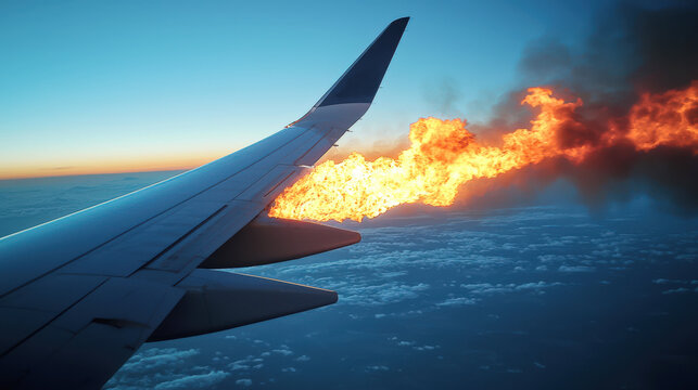Passenger plane crash. Plane crash in the sky. The plane's engine caught fire at sunset. The scene is dramatic and intense, and the fire creates a sense of danger and urgency. Travel