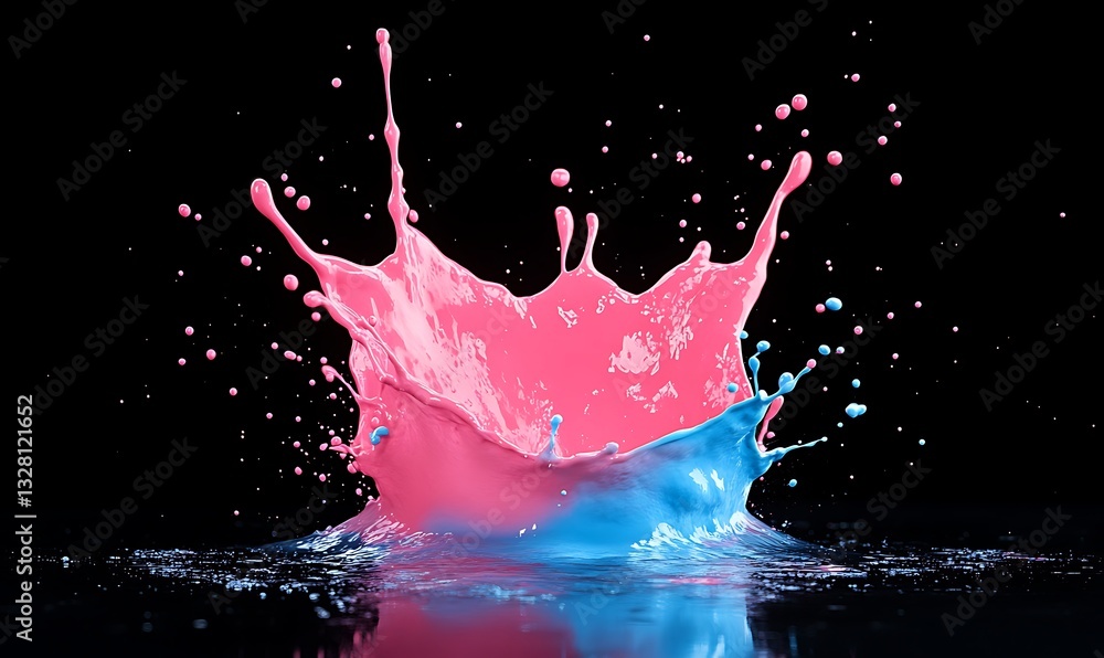 Poster vibrant splash of pink and blue paint against a black background, creating dynamic visual effects.