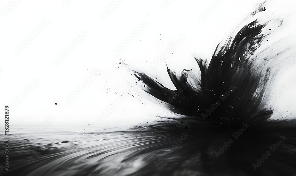 Poster abstract black ink splatter on a white background, creating a dynamic and artistic visual effect.