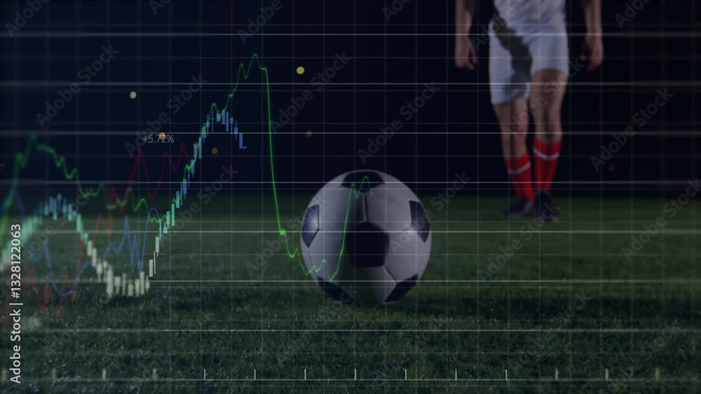 Poster approaching ball, soccer player with data graph animation overlay on field