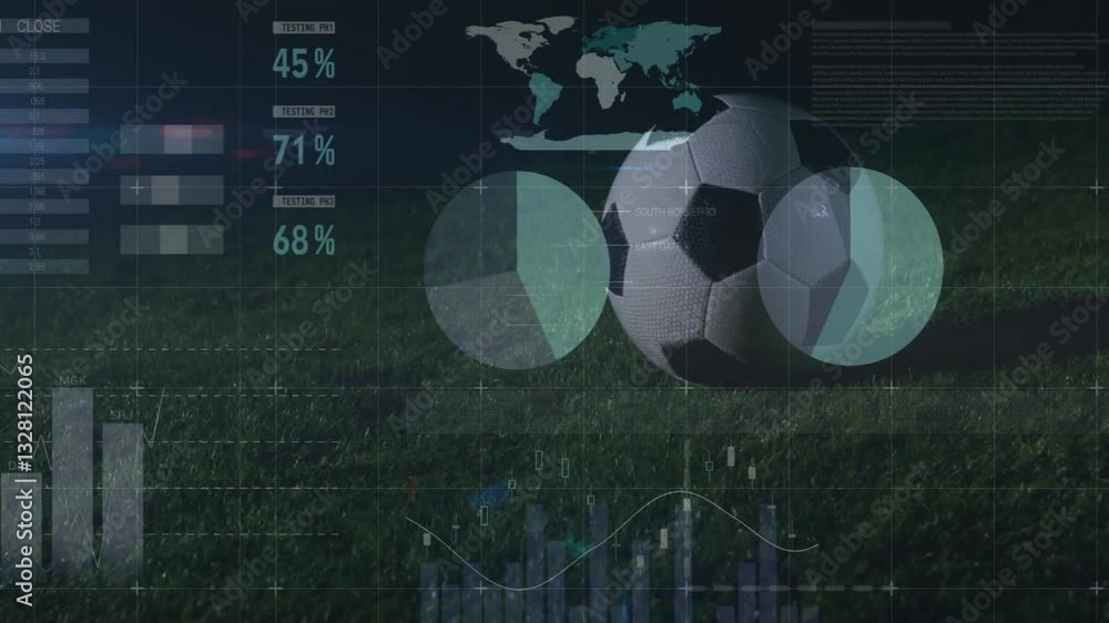 Poster animation of soccer ball with data charts on grassy field and world map