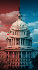 Fototapeta premium Divided Capitol: Politics, Polarization, and the American Divide. Visualizing US Political Landscape with Red vs Blue, USA Flag.
