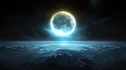 Majestic Full Moon Over a Sea of Clouds: A Nighttime Celestial Landscape