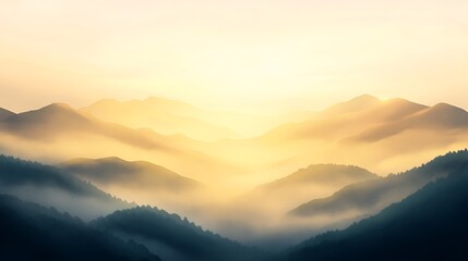 Fototapeta premium Serene mountains enveloped in mist with a soft, golden sunrise illuminating the landscape.