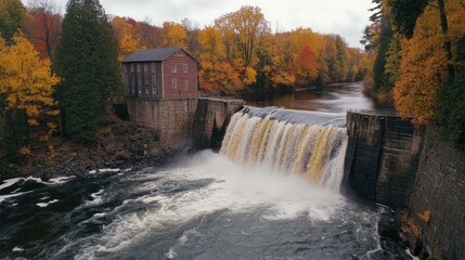 Autumn waterfall, old mill, forest, overcast sky, scenic landscape, nature photography