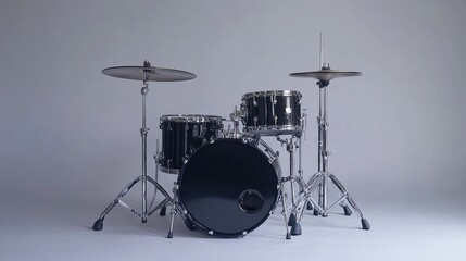A simple black drum set with chrome hardware, arranged perfectly in a minimalist setting.