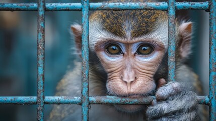 Naklejka premium Portrait of a Sad Monkey in a Rusty Cage