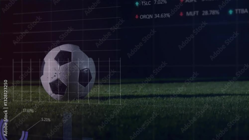 Poster soccer ball on field with financial data and graphs overlay animation