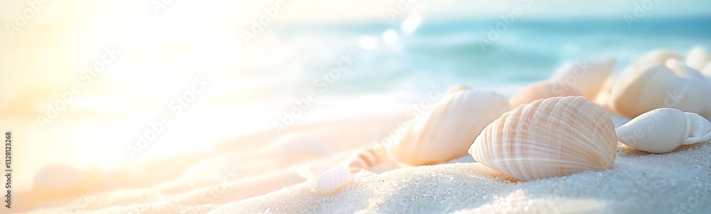 Poster seashells scattered on a sandy beach with ocean waves in the background.