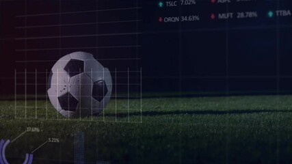 Soccer ball on field with financial data and graphs overlay animation - Powered by Adobe