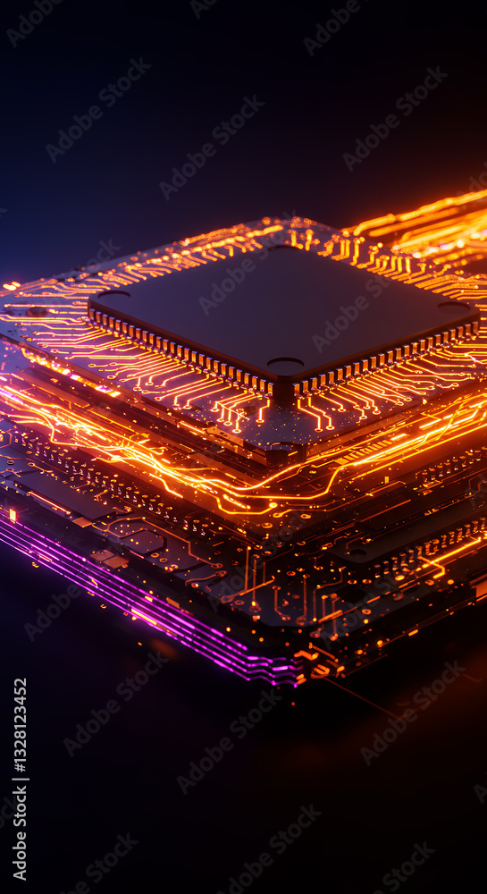 Poster glowing microchip stack: futuristic tech, ai, circuitry, data, & high-tech innovation - visualizing 
