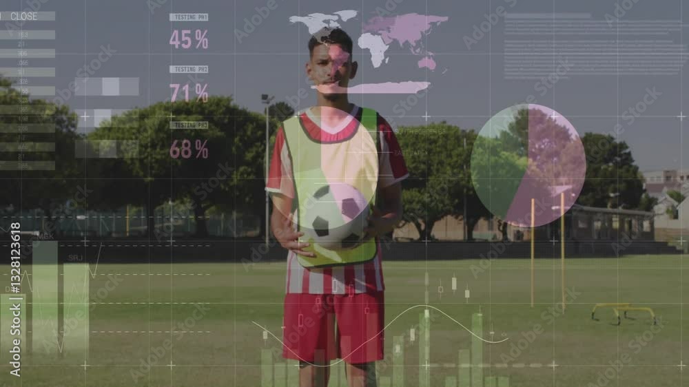 Poster soccer player holding ball with data analytics animation over field background