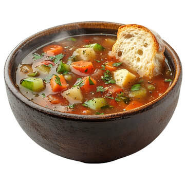A steaming bowl of hearty vegetable soup with a slice of freshly baked bread, showcasing vibrant colors and inviting textures.