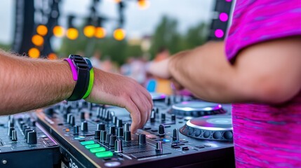 DJ Adjusting Sound Settings on Mixer at Outdoor Music Event