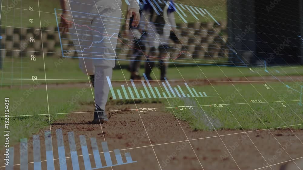 Poster on field, baseball players practicing with animated data analytics overlay