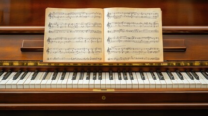 A top view of piano sheet music laid over a grand piano, illustrating the process of composing and arranging music.