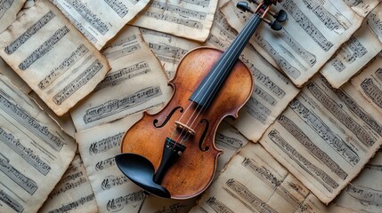 Fototapeta premium A vintage-style violin surrounded by aged sheet music, evoking a sense of classical nostalgia.