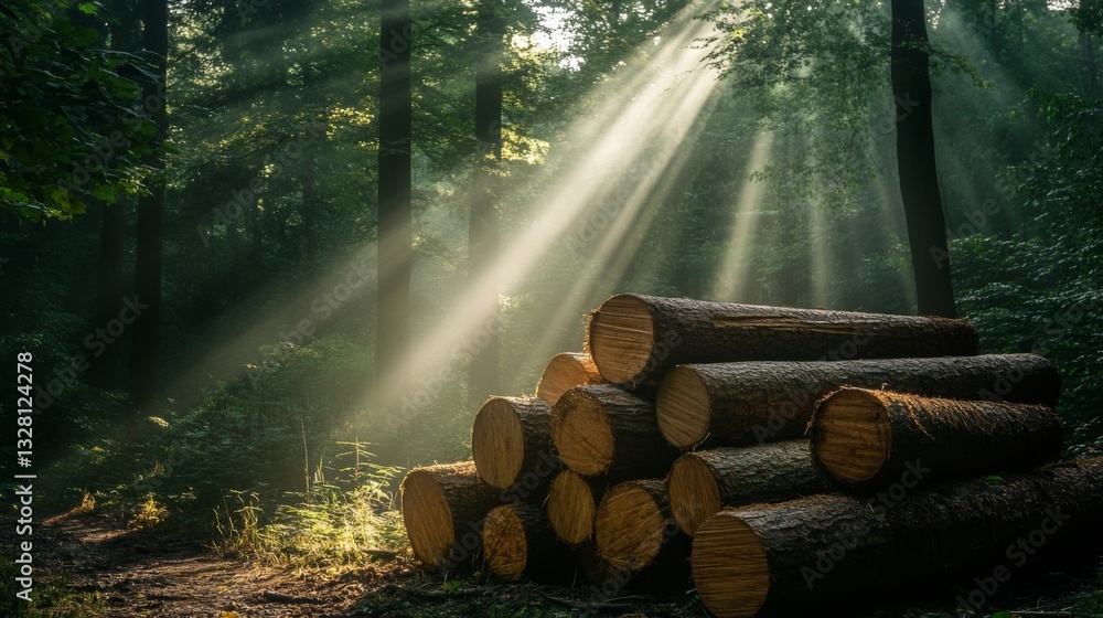 Poster sunbeams illuminate stack of logs in misty forest