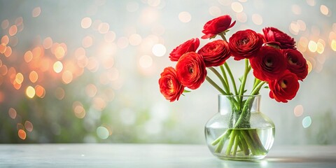 Minimalist Glass Vase with Red Ranunculus Flowers in Water on White Background