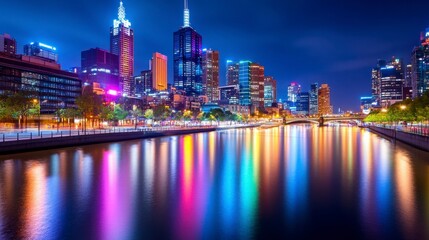 Obraz premium Vibrant Night View of Melbourne City Skyline with Reflections