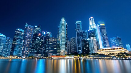 Naklejka premium Stunning Night View of Modern Skyscrapers by Water in Singapore