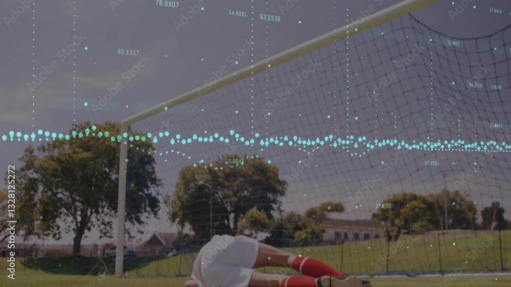 Poster diving soccer player saving goal with animation overlay in action-packed scene