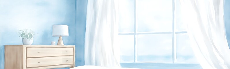 Bright, airy bedroom featuring a wooden dresser, blue walls, and sheer curtains by a large window.