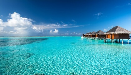 モルディブの水上コテージと透明な海