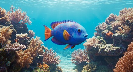 Obraz premium Blue Fish Swimming in Coral Reef Habitat Under Clear Ocean Water