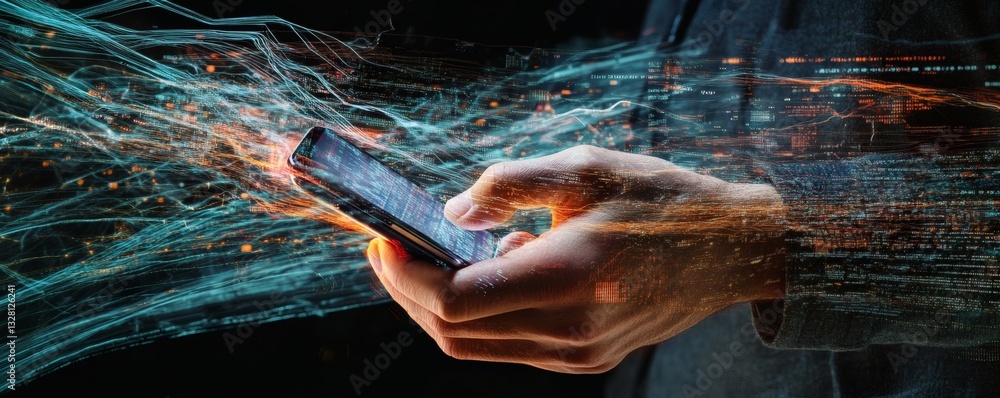 Poster a person holds a glowing smartphone displaying data streams