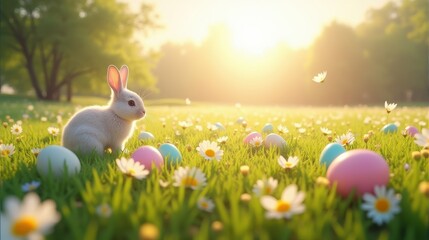 Fototapeta premium Enchanted Easter Meadow with Colorful Eggs, Blooming Spring Flowers, and Playful Bunnies in a Sunlit Landscape
