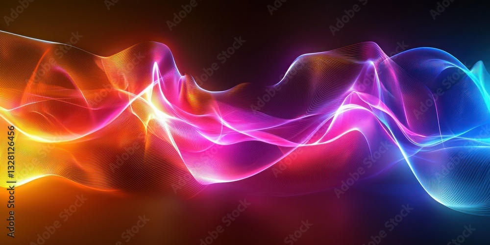 Poster a dynamic 3d abstract composition with smooth, flowing shapes in vibrant neon colors, illuminated by