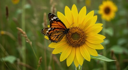 Naklejka premium Monarch Butterfly on Vibrant Sunflower in Summer Meadow A Stunning Closeup