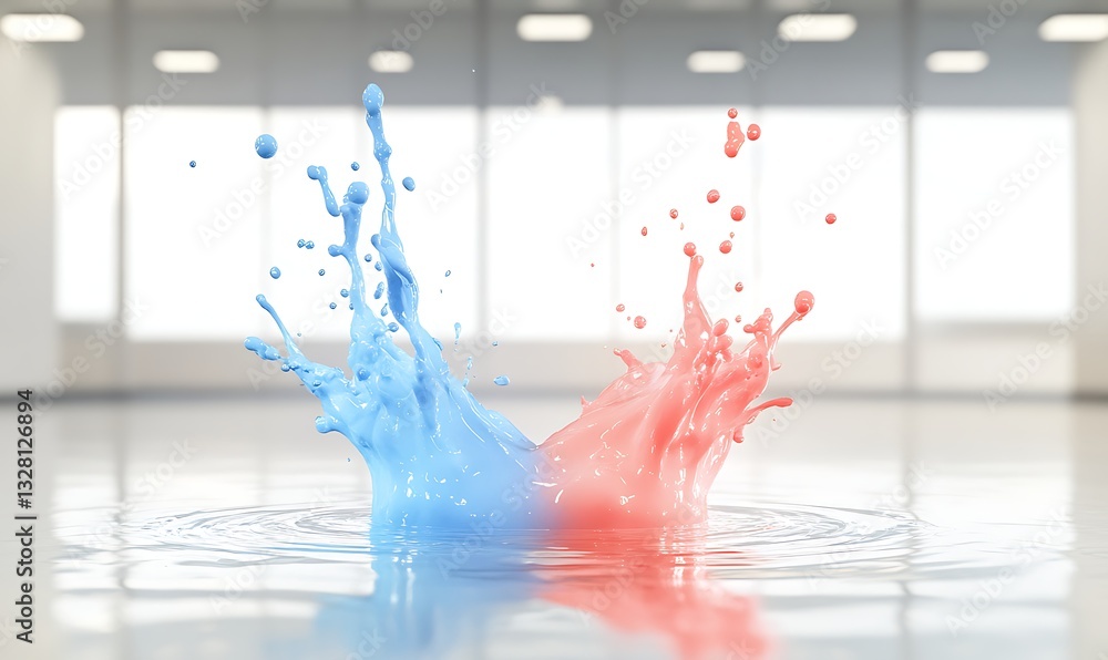 Poster colorful splashes of blue and red paint create dynamic visuals in a bright, modern space.