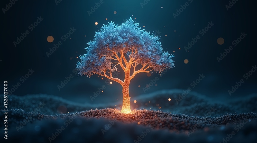 Poster A tree is lit up in the dark, creating a sense of mystery and wonder