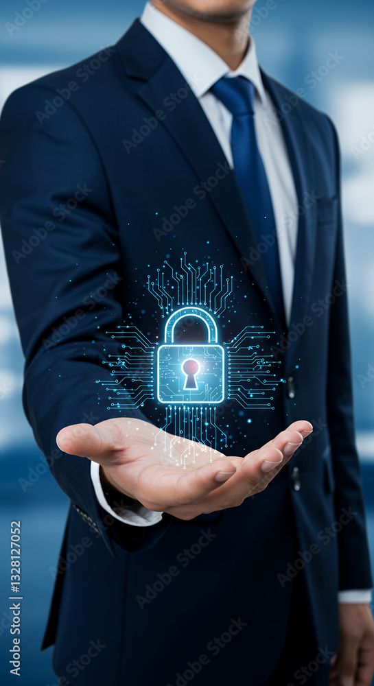 Poster cybersecurity solutions: businessman presenting digital lock for data protection and network securit