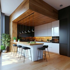 Fototapeta premium Transforming kitchen aesthetics with wooden accent tiles and warm lighting modern home interior design cozy atmosphere straight-on view